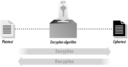 Encryption is a process that uses a key to transform a block of plaintext into an encrypted ciphertext. Decryption is the process that takes an encrypted ciphertext and a decryption key and produces the original plaintext.
