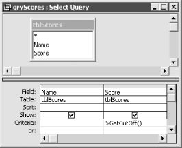 The sample query, qryScores, in design view