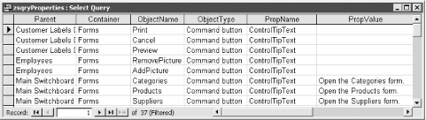 The result query shows which buttons don’t have their ControlTipText properties set
