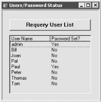 frmUserPasswords shows users and password status for a sample workgroup