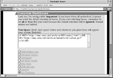 The Customize Slashbox checkboxes and the User Space Slashbox text area