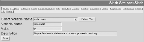 The Variables interface, used to edit configuration variables