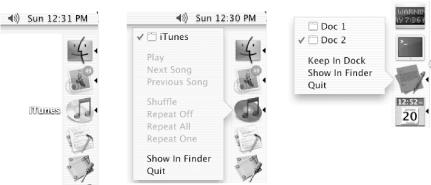 Mouse positioned over (left) and pressed on (center) the iTunes icon; mouse pressed on the TextEdit icon (right)