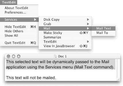 Using the Mail Text command under the Services submenu to email the selected text