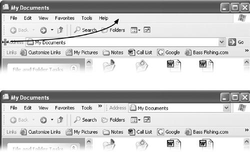 Top: The three basic toolbars that you can summon independently for any desktop window—and also in Internet Explorer. Bottom: By dragging the vertical left-side handle of a toolbar, you can make the displays more compact by placing two or more bars on the same row. You can even drag one right up into the menu bar, as shown here, to save additional vertical space.