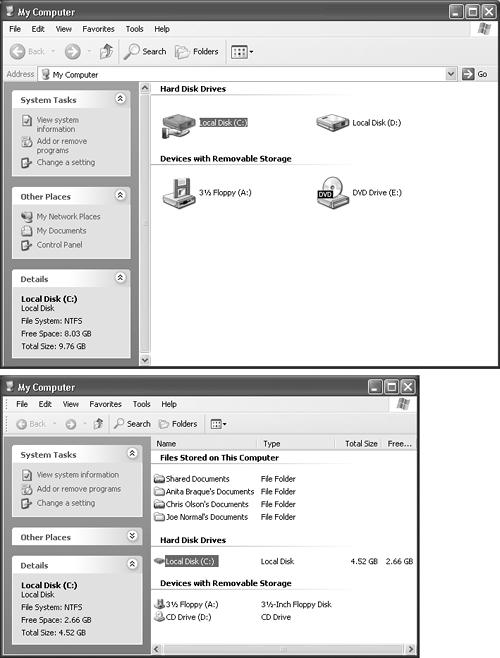 Top: The My Computer window, shown here on a corporate-network PC, is the starting point for any folder-digging you want to do. It shows the disk drives of your PC. If you double-click the icon of a removable-disk drive (like your CD-ROM drive, Zip drive, or Jaz drive), you receive only an error message unless there’s actually a disk in the drive. Bottom: The My Computer window on a workgroup computer (that is, not part of a corporate domain network) includes all the perks included on a network computer with the added advantage of the “Files on This Computer” category.