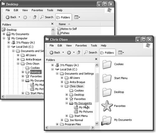 Front: Windows Explorer offers a treetop view of your computer’s hierarchy. When you click a disk or folder in the left pane, the right pane displays its contents, including files and folders. Click the + button to expand a disk or folder, opening a new, indented list of what’s inside it. Click the — button to “collapse” the folder list again. Back: If you turn off the new “simple folder view” display, the dotted vertical and horizontal lines in the left pane help you keep track of the hierarchical levels.