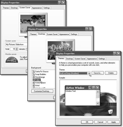 Lower right: Here’s a tool chest filled with everything you need to change the look of your desktop. In addition to redecorating the desktop, you can even redo the design scheme used for the windows you open as you work. Middle: The Desktop tab lets you choose a picture to plaster onto your desktop backdrop. Upper left: Some screen savers are animated; they move, grow, or appear with fade-in effects. The My Pictures Slideshow shown here, for example, offers an endless slide show.
