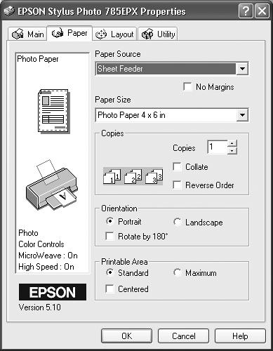 When you choose Properties from the Print dialog box, you can specify the paper size you’re using, whether you want to print sideways on the page (“Landscape” orientation), what kind of photo paper you’re using, and so on. Here, you’re making changes only for a particular printout; you’re not changing any settings for the printer itself. (The specific features of this dialog box depend on the program you’re using.)