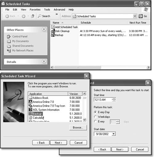 Top: The Task Scheduler keeps a calendar for Windows XP. Tasks appear in the schedule when you enter them manually, or when other programs (such as the Maintenance Wizard) set them up. You can use the Task Scheduler window to add, modify, or remove tasks. (Make sure your computer is turned on during the time any task is supposed to run.) Bottom: The wizard asks you what you want to open, and how often.