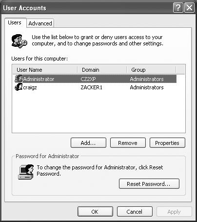 A Windows XP Professional computer that’s a member of a domain has a more detailed User Account dialog box. Instead of creating new accounts on your local machine, these controls let you give other people on your domain the ability to log onto your computer locally (that is, in person, rather than from across the network).