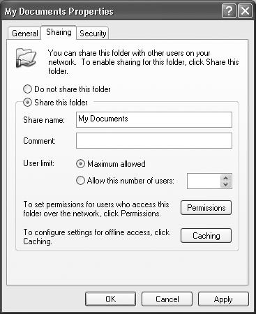 The Sharing tab for a disk or folder on a Windows XP domain system. From here, you can share this folder, specify the maximum number of people who can access it at once, and specify who can access the share and to what degree.