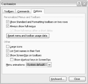 The Options tab of the Customize dialog