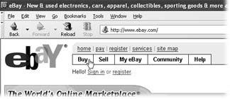 The eBay logo and these links appear at the top of nearly every page on eBay and are a great navigation aid. Wherever you wander on the site, Help is only a click away. To begin shopping, click the Buy link.
