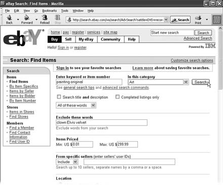 At the top right of any page, just under the Search box, click the Advanced Search link. The Search menu on the left-hand side of the page shows you your choices. If you know what you don't want, list words to exclude from your search. You can limit results to a favorite seller (or ten), and you can sort results by time, price, distance from your registered address, or whether the seller accepts PayPal, a popular payment method explained on Section 2.3.1.1. If you want to speed-shop, you can have eBay display as many as 200 results per page; if you'd rather take your time, display only 25 per page.