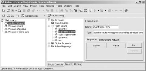 The Struts Console running in the JBuilder IDE