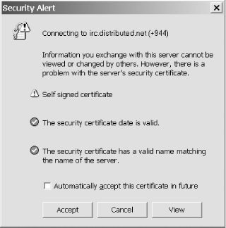 mIRC warning that a certificate has been self-signed