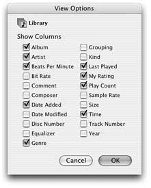 The View Options box from the iTunes Edit menu lets you see as many—or as few—categories for sorting your music as you can stand.Even in this tiny, unassuming dialog box, a trick or two awaits. If you Option-click any checkbox that’s turned on, you turn all of them off. And vice versa.If you want to turn all of them off except Album and Artist, for example, you’ll save time by Option-clicking a turned-on box to turn them all off—and then turning the two you want back on.