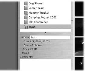 When you dump a photo into iPhoto’s Trash, it’s not really gone—it’s just relocated to the Trash folder. Clicking the Trash icon in the Source list displays all the photos in the Trash and makes the Info panel show the total number of trashed photos, their date range, and their sizes.