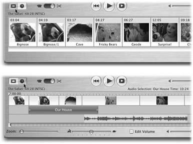 Top: When you click the film strip icon (indicated here by the cursor), you see your camcorder footage.Bottom: Click the clock icon to see the Timeline Viewer, which reveals your audio tracks (Chapter 17) and shows you the relative lengths of your clips.You can also use the View menu to switch between these views.