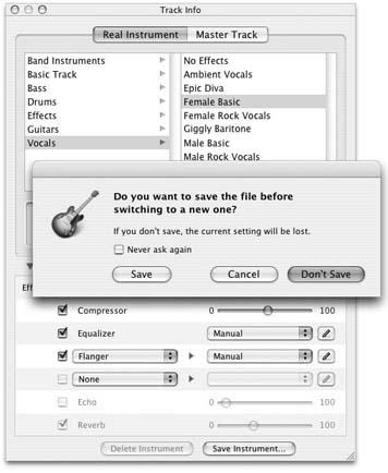 “Save file?” What file? Turns out GarageBand means, “Save this instrument-named effect preset?” In other words, you’ve made some changes to the effects associated with, in this case, Female Basic, and GarageBand wants to know if you want them permanently stored as part of the Female Basic preset.(If you turn on “Never ask again,” GarageBand won’t just never ask again—it will never save your preset changes, either. If you miss seeing this warning box, choose GarageBand → Preferences, click General, and turn on “Ask before discarding unsaved changes.”