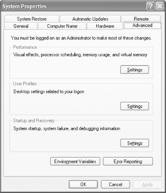 System Properties dialog box on Windows XP