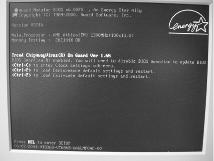 A typical Award BIOS boot screen. The true version number of the BIOS is shown in the lower left corner