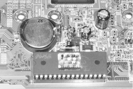 A replaceable/upgradeable socket-mounted Award BIOS chip (note CMOS memory battery and CMOS reset jumper above chip)