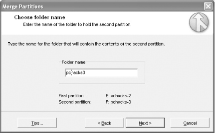 Selecting the folder to hold the second partition's data