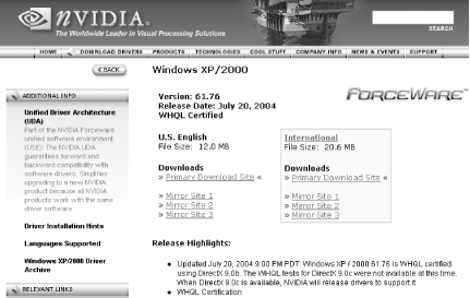 nVidia's driver feature web page listing WHQL certification