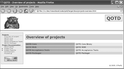 Generated multiproject web site showing the overview page