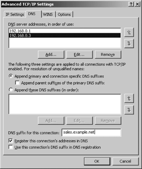 The DNS tab of the Advanced TCP/IP Settings window