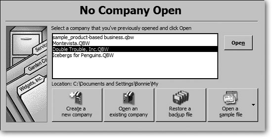The No Company Open window includes “Restore a backup file,” which you’ll gladly click should something go terribly wrong with your QuickBooks company file. To reopen a file that you worked on recently, double-click its name on the list. For those of you who are moving your books from Quicken to QuickBooks, the Welcome to QuickBooks window has a “Convert from Quicken” option instead of “Restore a backup file.”