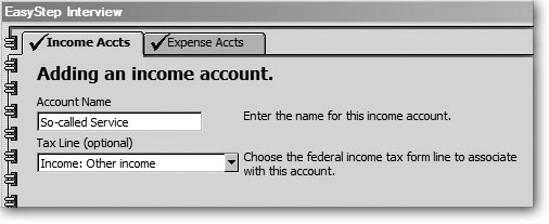 The EasyStep Interview asks you for an account name and a tax line. If you create accounts in the New Account dialog box as described on page 37, you can also enter a description, a note, a QuickBooks account number, a bank account number, and more.