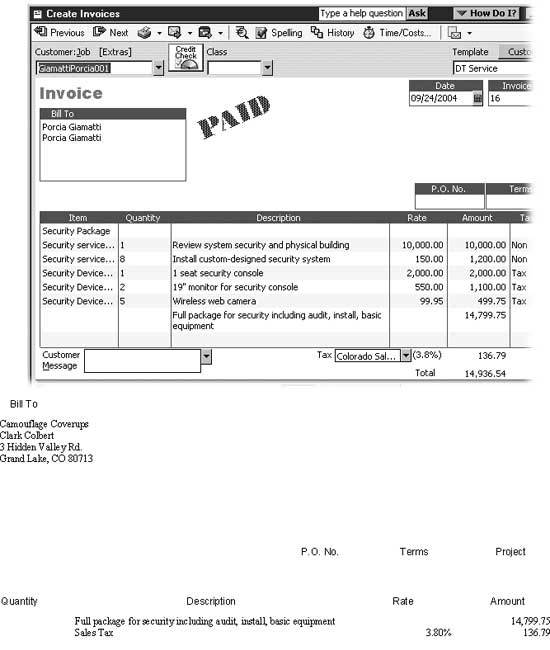 Top: When you add a Group item to an invoice, QuickBooks replaces that one item with all the individual items along with their prices, descriptions, and whatever else you’ve defined. To show these items on the invoice, turn on the “Print items in group” checkbox.Bottom: For Fixed-price invoicesfixed-price invoicesInvoices fixed-price, which you use when you charge the customer a fixed amount regardless of how much or little it costs you to deliver, you don’t want to show the underlying prices for each item you deliver. When you create a Group item and turn off the “Print items in group” checkbox, you still see all the individual items in the Create Invoices dialog box, but the invoice you generate to send to the customer shows only the Group item itself along with the total cost for all the items in the Group.