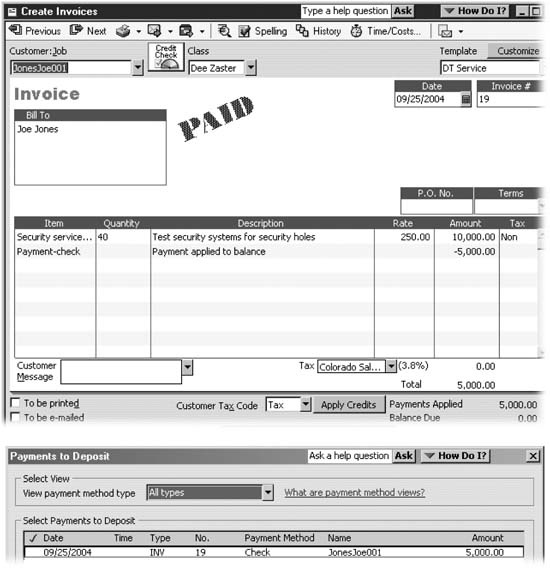 Top: A Payment item reduces the balance on an invoice by the amount the customer paid.Bottom: A Payment item also executes the equivalent of a Receive Payments command. A Payment item assigns the payment method that the customer used and deposits the funds into a bank account, or groups the payment with other undeposited funds.