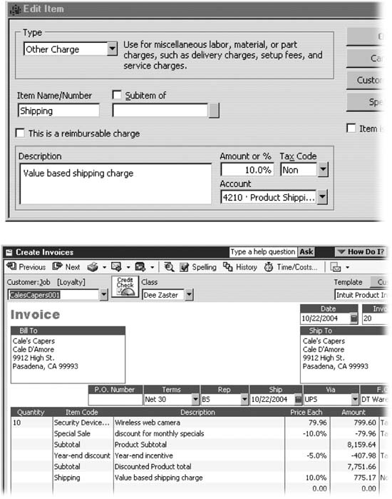 Top: To create a percentage-based charge, type a number followed by “%” in the “Amount or %” field.Bottom: When you add a percentage-based Other Charge item to an invoice, QuickBooks applies the percentage to the previous line in the invoice. If you want to apply the Other Charge percentage to several Invoicesitemsitems, add a Subtotal item to the invoice before the Other Charge item.