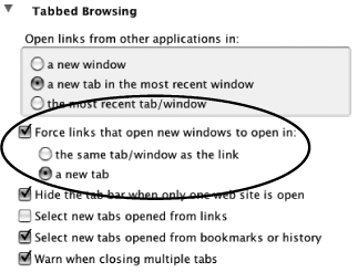 Single Window mode preferences for tabbed browsing