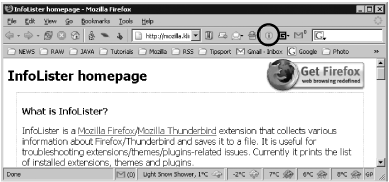 Firefox toolbar with InfoLister icon highlighted