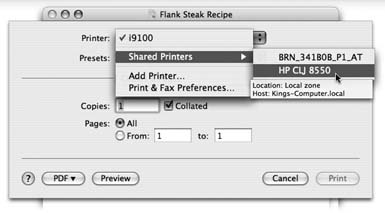 To use a printer that's been shared elsewhere on the network, open the document you want to print and then choose File→Print. In the list of printers, you'll see a new item called Shared, which lists the printers that have been shared on the network. (Point to one without clicking to view the details rectangle shown here.)