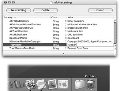 Top: This simple file contains the name of the Trash icon on the Dock—and the name of the Eject icon that replaces it when you're dragging a disk. By doubleclicking the text in the Value column, you can edit these descriptions to change the corresponding names.Bottom: The resulting Trash has a very different name.