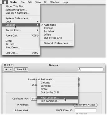 The Location feature lets you switch from one "location" to another just by choosing its name—either from the a menu (top) or from this pop-up menu in System Preferences (bottom). The Automatic location just means "the standard, default one you originally set up." (Don't be fooled: Despite its name, Automatic isn't the only location that offers multihoming, which is described later in this chapter.)