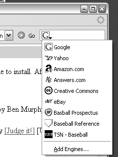 Search bar selections after adding baseball search engines