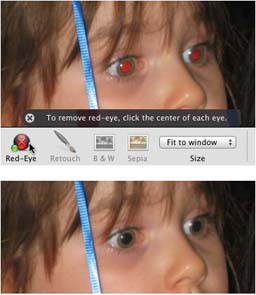 Top: When you click the Red-Eye tool, a pop-up message informs you of the next step: Click carefully inside each affected eye.Bottom: Truth be told, the Red-Eye tool doesn’t know an eyeball from a pinkie toe. It just turns any red pixels black, regardless of what body part they’re associated with. Friends and family members look more attractive—and less like Star Trek characters—after you touch up their phosphorescent red eyes with iPhoto.