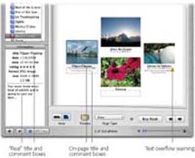 When you first create the book layout, iPhoto inherits its initial photo name and caption text from the existing photo titles and Comments-box information. Unlike previous versions, however, iPhoto 5 doesn’t link these two sources; if you change the photo’s name in the Info panel, it doesn’t change on the page layout. At right: A yellow, nonprinting warning sign appears if the text box is too small to display all of the comment text (or the full photo name).