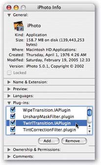 You may be surprised to discover that a number of iPhoto’s “built-in” features are actually plug-ins written by Apple’s programmers. Most of them are responsible for familiar printing and exporting options. Any others should be turned off in times of troubleshooting. (If you can’t remember which plug-ins you’ve installed yourself, reinstall iPhoto.)
