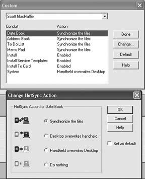 HotSync preferences in the Palm desktop