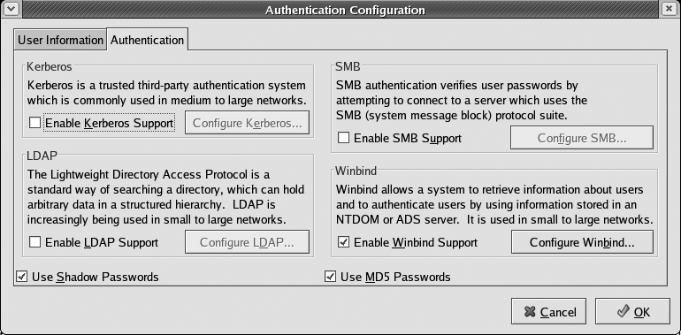 Red Hat’s graphical application for configuring Windows authentication