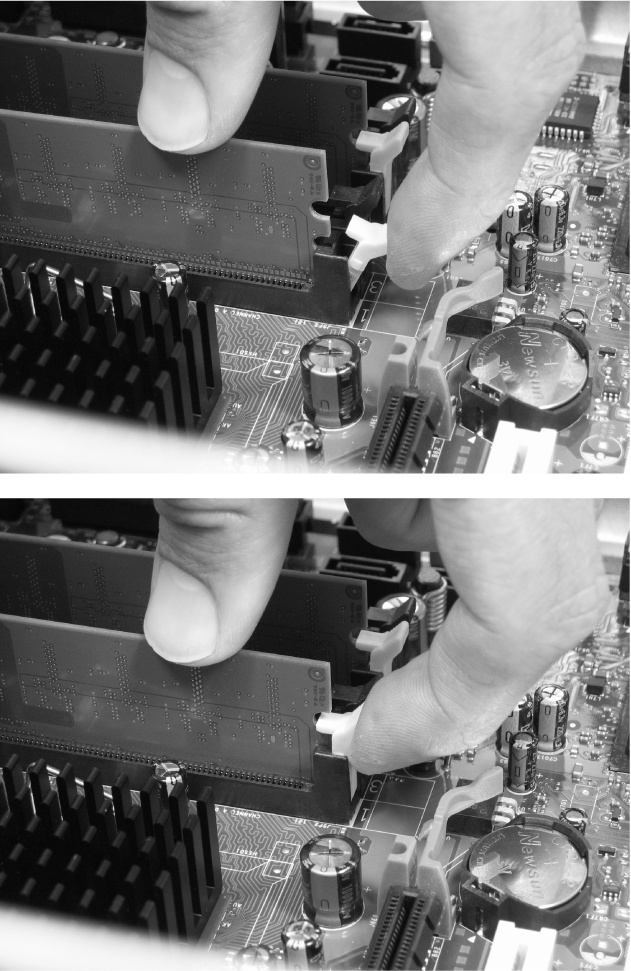 Top: To add memory, push the module all the way into its slot on the motherboard.(Sometimes you need to push really hard to make sure the memory fits snugly into its slot.) As you push, little levers on each side of the slot move inward, trying to grasp the module’s little notch.Bottom: Give the levers a little push toward the module to lock it into its slot. To remove a module, reverse the steps. Pull out the levers to lift the module from its slot, and then lift the module with your fingers.