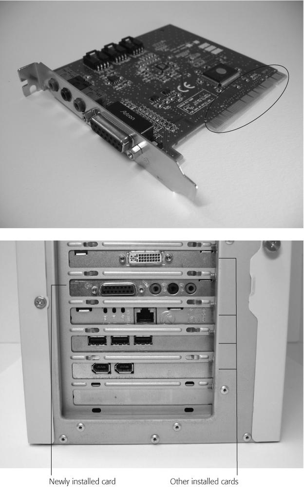 Top: Sliding this sound card into a slot on your PC’s motherboard provides a quick way to add better sound to your PC. Other types of cards let you add things like FireWire ports, a microphone, or a joystick. The tab on the card’s bottom (circled) slips into a slot on your PC’s motherboard.Bottom: The rear ends of installed cards poke through the lower back of a PC, so that you can access any ports the cards contain.